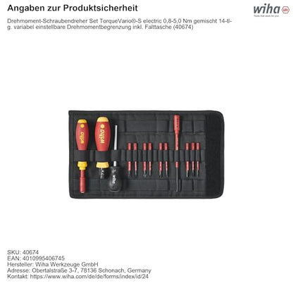 Wiha Drehmoment Schlüssel Schraubendreher Set TorqueVario-S elektrisch (40674) gem. 14tlg. I 0,8-5,0 Nm I inkl. Falttasche I Schlitz,Kreuz,PlusMinus