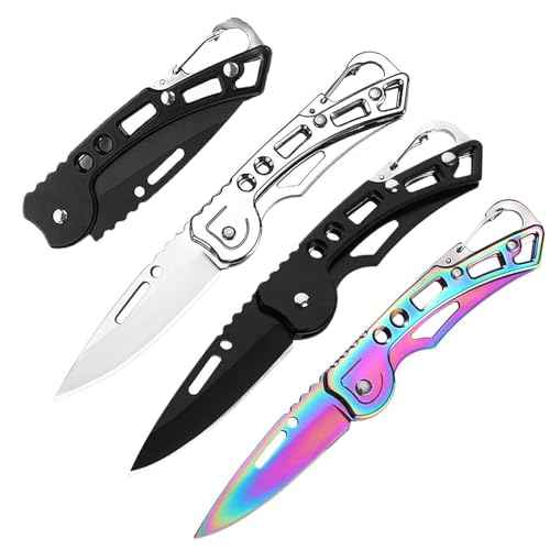 4 Pack Pocket Knife, Stainless Steel Folding Knife with Keychain, Self-Defense Knife for Outdoor Survival, Everyday Carry and Gift