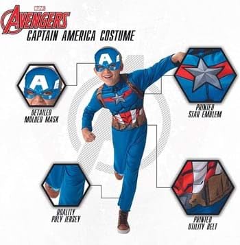 MARVEL Captain America Official Youth Value Costume - Full-Bodied Fabric Jumpsuit with High-Resolution Printed Design and Plastic Half Mask