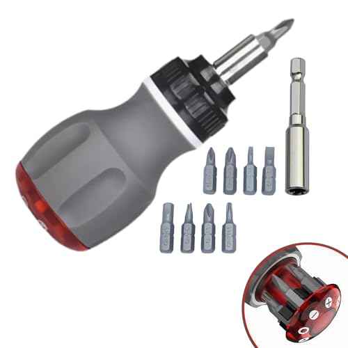 Stubby Ratcheting Screwdriver,8 in 1 Stubby Multi-bit Screwdriver Set with 1/4 Magnetic Extension Socket Drill Bit Holder for DIY Repairing