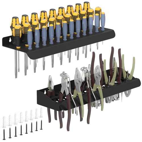 2 Pack Screwdriver Organizer, Heavy Duty Wall Mounted Tool Organizer and Storage, Screwdriver Metal Pliers Holder Hammer Storage Rack for Workshop, Workbench, Garage (Black)