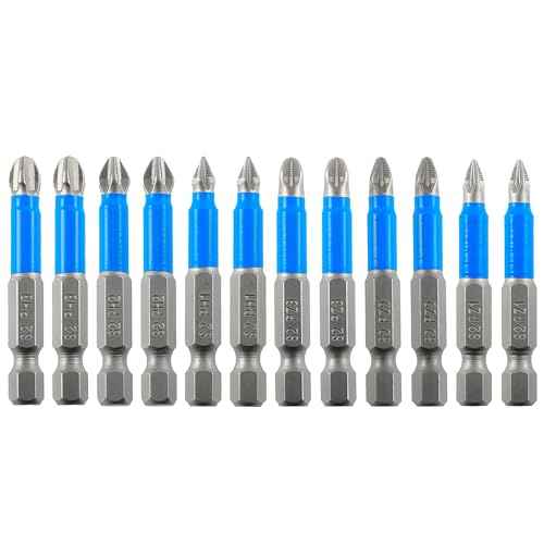 Anti Slip Phillips Cross Slot Pozidriv Screwdriver Bit Set 12PCS 1/4 Inch Hex Shank 2 Inch/50 mm Length S2 Steel with Magnetic for Power Screwdriver Drill Impact Driver Tool Accessory