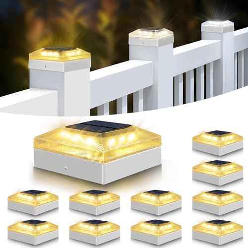 4x4 Solar Post Cap Lights Outdoor ? 12 Pack Fence Post Light with 3 Color Modes, Waterproof Solar Powered Deck Lights for Vinyl/Wooden Posts Top, Garden-White
