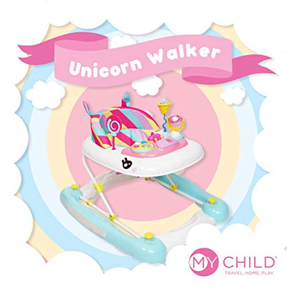 MyChild Unicorn 2-in-1 Walker Rocker, Pink Rainbow - Activity Center Baby Walker - Easy fold Frame for Storage - 6 Months + Anti Fall Blocks for Extra Safety and 3 Height Adjustment.