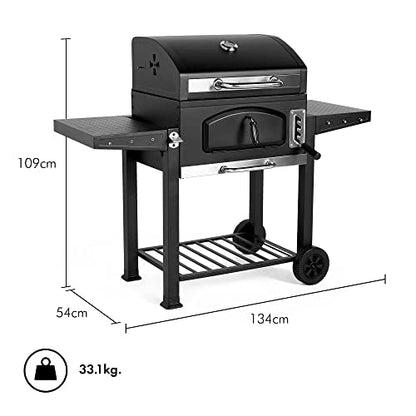 VonHaus Charcoal BBQ – XL Portable Barbecue with Warming Rack, Fold Down Shelves, Temperature Gauge, Wheels, Cooking Grill, Air Vents – 2 in 1 Barbeque and Smoker – Grill Meat, Fish & Vegetables