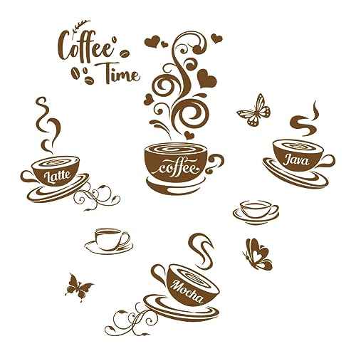 SUPERDANT Brown Coffee Time Wall Stickers Coffee Cup Beans Wall Decor Stickers with Butterflies for Cafe Bar Restaurant Kitchen Decor Wallpaper Sticker Vinyl Transfer Decals 19x11in