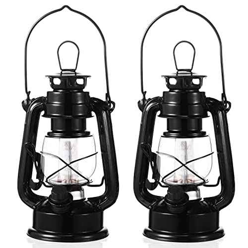 Hortsun 2 Pcs 8 Inch Vintage LED Hurricane Lantern Metal Black Outdoor Battery Operated Hanging Lantern with Warm LEDs and Dimmer Switch for Indoor Rustic Farmhouse Country Camping Decor