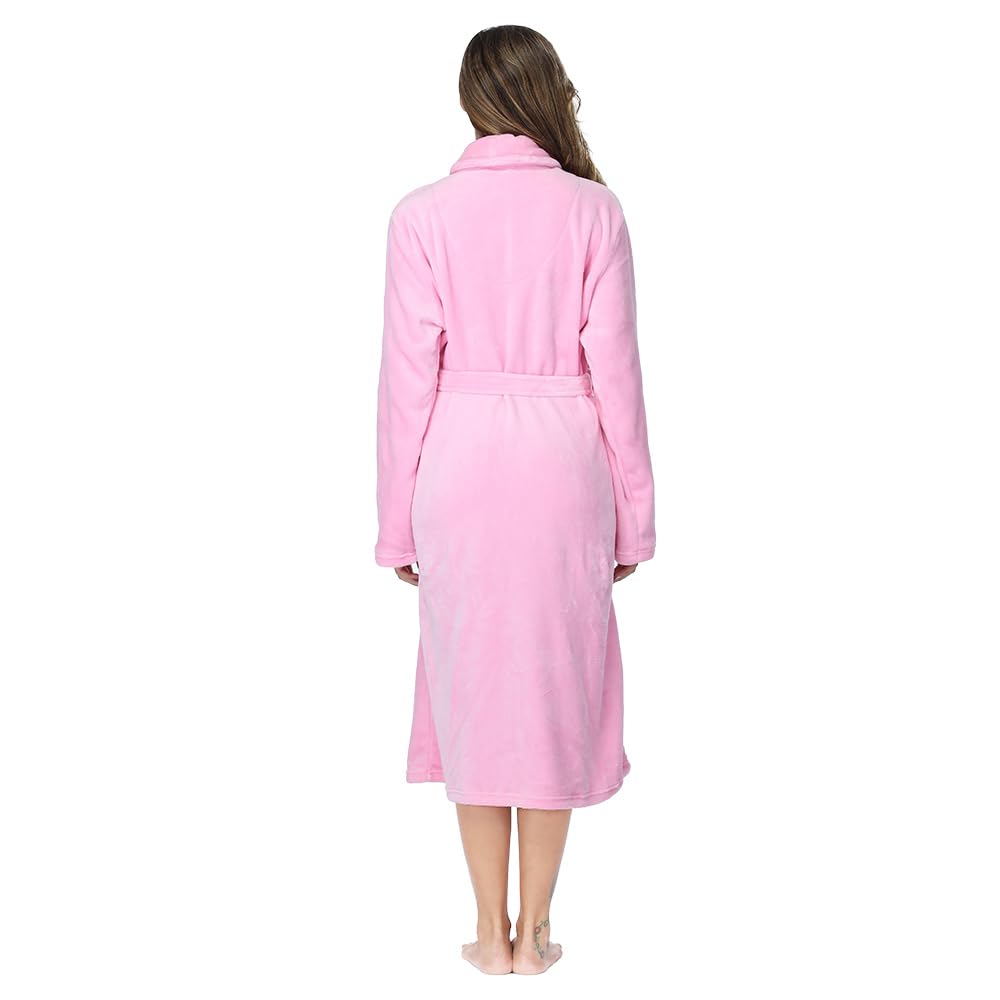 RONGTAI Fleece Robes for Women Plush Soft Warm Long Bathrobe with Pockets - Pink - Large