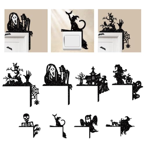 Removable 8 Pack Creative Halloween Switch Decal - Black Ghost Skeleton Witch Door Frame Wall Decorative Art Murals for Living Room Bedroom Bathroom Kitchen Light Switch Decor