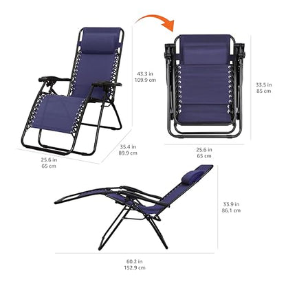 Amazon Basics Outdoor Patio Zero Gravity Lounge Chair with Pillow, Folding Reclining and Textilene Adjustable, Folding Lounge Lawn Chairs for Outside, 26", Blue