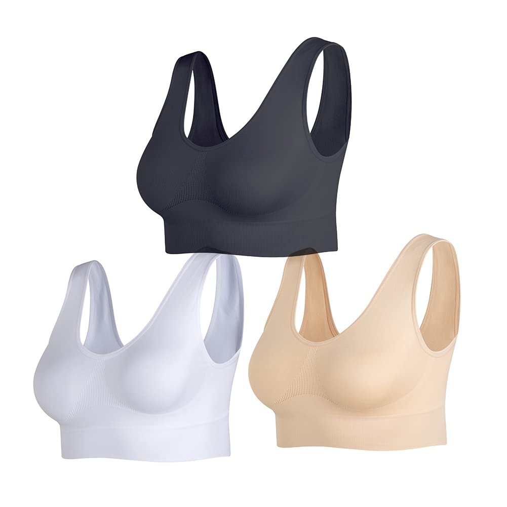 JEMINAY Women's Wireless Sleep Bras Unpadded Seamless Comfort Bras Throw-on Wirefree Bralettes 3 Pack,Black+Beige+White,XL