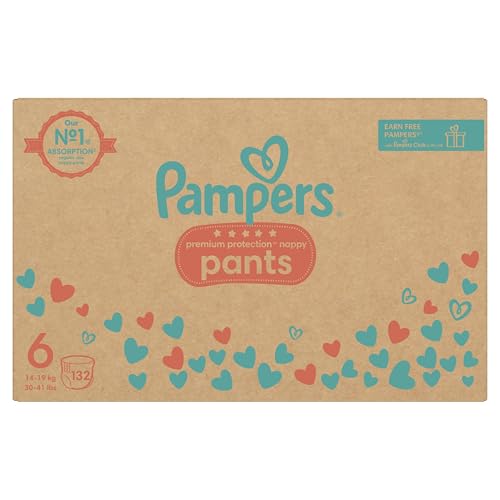 Pampers Premium Protection Nappy Pants Size 6, 132 Nappies, 14kg-19kg, Monthly Pack, With 360° Fit and Ultra-Soft Materials for Our Best Comfort & Protection