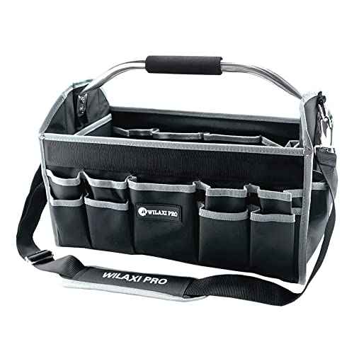 16in Tool Bags For Men Heavy Duty, Tool Bag Organizer Foldable Open Top Tool Bags, Tool Tote Bag With Handle, Wide Mouth Electrician Tool Tote, 22 PCS Pockets Tool Carrier, Grey