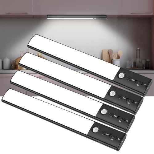 Motion Sensor Cabinet Light 4 Pack- 4200 mAh Battery Operated Rechargeable Closet Lights - Extra-Bright Under Cabinet Lights - Wireless Indoor LED Light Strip - Motion Activated Lighting