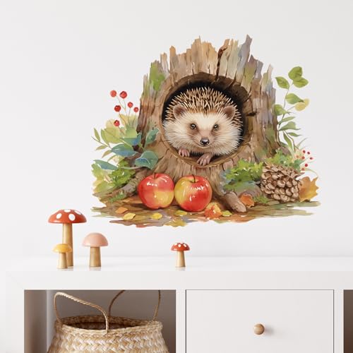 Cute Hedgehog in Tree Hole Wall Decal Nursery Animal Wall Sticker Removable Peel and Stick Wall Art Decor for Kid Baby Classroom Preschool Living Room Playroom Bedroom School