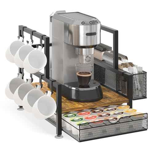 EsLuker.ly Coffee Bar Station Organizer with K Cup Drawer, Pod Holder Storage Rack with 7 Mug Hooks for Countertop, Wooden Coffee Machine Maker Stand for Home Office, Space-Saving for Coffee Lovers