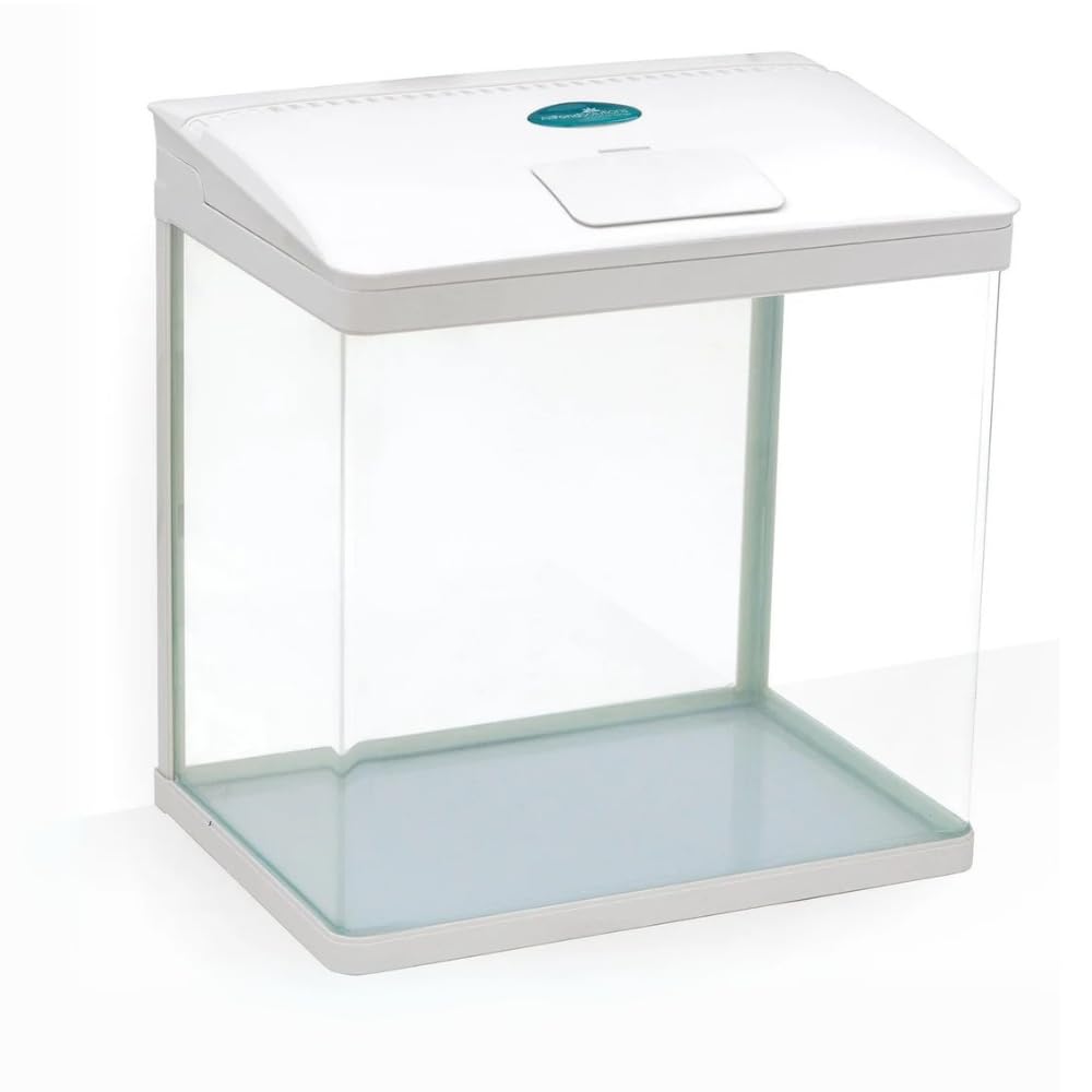 AllPondSolutions Nano Fish Tank with Filter and Light - Rectangular Aquarium Tank with LED Light, Tray Filter System, Curved Glass Front, 90° Tilting Hood - Cold Water Tropical Fish Tank - 29L, White