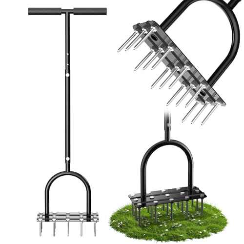 Lawn Aerator Spike Tool - Manual Grass Aerator with 15 Iron Spikes, Pre-Assembled Yard Aerator for Core Aeration, Heavy Duty T-Handle & Wide Foot Plate for Lawn Yard & Garden (Glossy Black)
