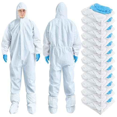 TrelaCo 5 Sets Hazmat Suit Disposable Protective Coveralls Full Body Paint Suit with Hood Shoe Cover and Glove Breathable Coverall (L,White)
