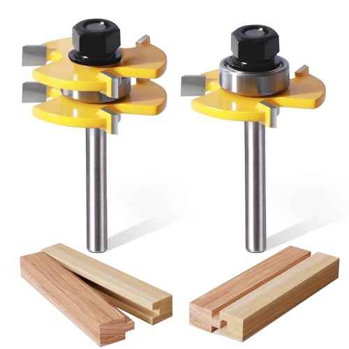 Tongue and Groove Router Bit Set of 2 Pieces, 1/4 Inch Shank, 3 Teeth Adjustable T Shape Wood Milling Cutter, 1/2Inch Cutting Depth£¬3/4Inch Stock£¬Woodworking Tools