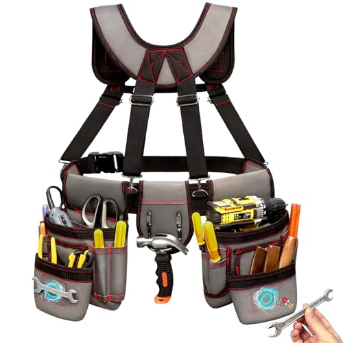 Tool Belt With Suspenders, Professional Tool Belt for Men, Magnetic Tool Belts With Suspenders, 18 Pockets Heavy Duty Detachable Adjustable Tool Belts for Electrician, Carpenter (Grey, 32''-66'')