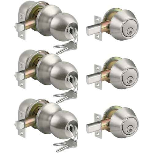 BESTTEN 3 Pack Keyed Alike Exterior Door Knobs and Single Cylinder Deadbolts Combo Set, Satin Nickel Entry Door Knobs with Locks and Keys for Entrance and Front Door