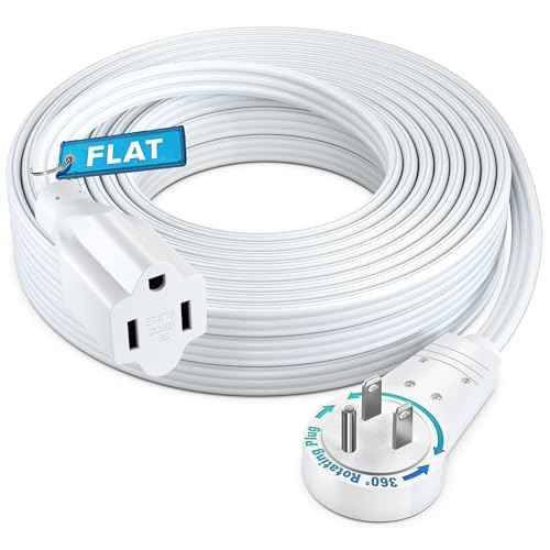 Maximm 360 Rotating Flat Plug Extension - 50ft Flat Cord, Slim Space-Saving Design (White)