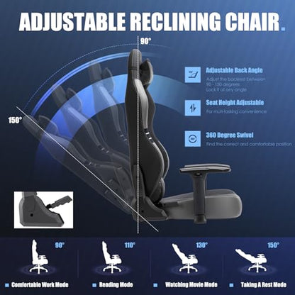 Big and Tall Gaming Chair 350lbs-Racing Style Computer Gamer Chair,Ergonomic Desk Office PC Chair with Wide Seat, Reclining Back, Adjustable Armrest for Adult Teens-Black/Grey