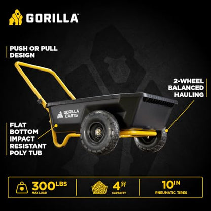 Gorilla Carts GCR-4 4 Cu. Ft Poly Yard Cart, 300-pound Capacity, Garden Cart with 30in x 24in impact-resistant poly bed and 10in pneumatic tires, Black/Yellow