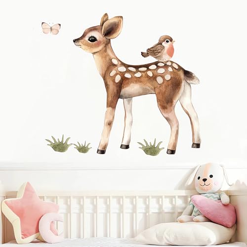 Cute Fawn and Bird Butterfly Deer Wall Stickers, sacinora Cartoon Jungle Animals Wall Decals Removable Vinyl Peel and Stick for Kids Baby Nursery Living Room Bedroom Children's Room Art Decorations