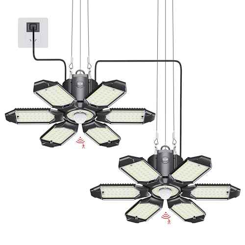 Plug in Garage Light with Motion Sensor - Ultra Bright 200W 20000LM Motion Activated Shop Light with 3 Mode, 6 Deformable LED Panel, Indoor Motion Light Bulb for Garage, Workshop (2 Pack)