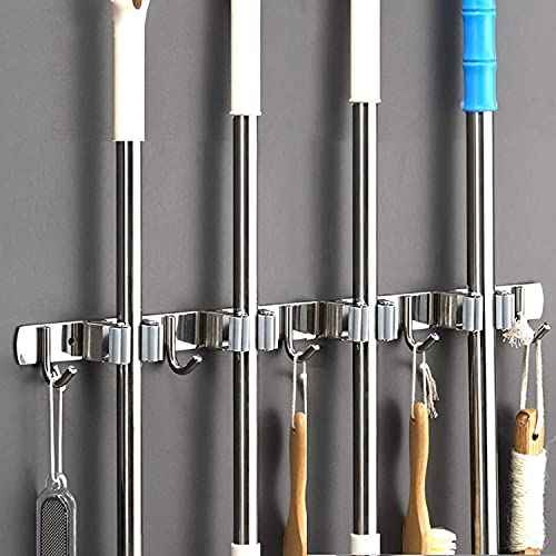 Broom Mop Holder Wall Mount Stainless Steel Tool Hanger Storage Organizer for Home, Kitchen, Garage, Garden, Laundry Room, Bathroom Organization and Storage(4 Racks 5 Hooks)
