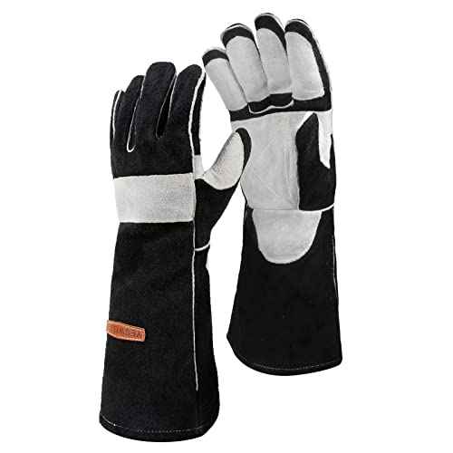 YESWELDER 16 Inches,932¢µ,Leather Forge MIG Welding Gloves, with Kevlar Stitching Heat/Fire Resistant, Palm Reinforcements, Black-Gray