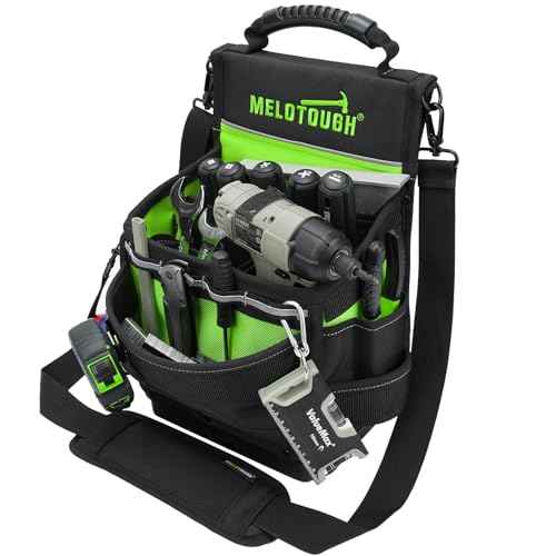 MELOTOUGH Electrician Tool Pouch Bag with Padded Shoulder Strap Constructed Professional 27 Pockets Pouch with Belt Clip Easy Access Tool Belt Pouch with Hard Bottom for Carpenter/Technican