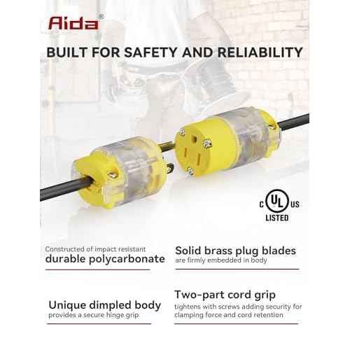 AIDA Lighted Plug and Connector Set, Straight Blade Cord End Replacement, 15 Amp 125Volt, NEMA 5-15P & NEMA 5-15R, 2 Pole 3Wire Grounding, Yellow, 5 Set