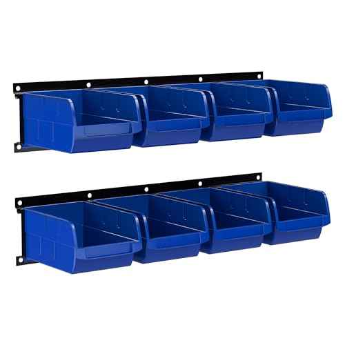 UNITEDPOWER wall mounted garage storage bin, Parts Rack, Plastic Hanging Stackable Storage Bin, Hardware Tool Organizer for workshop, Craft Room, school and Shop, 8 Bins&2 Rails (Blue), Large
