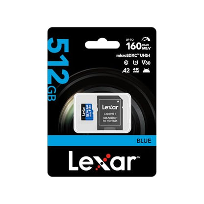 Lexar Blue Micro SD Card 512GB, up to 160MB/s Read, microSDXC UHS-I Card, Class 10, U3, V30, A2, Full-HD & 4K Video, High-Speed Memory Card for Smartphones/Tablets/Action Cameras