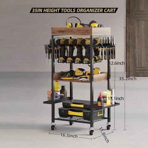 Power Tool Organizer Cart Metal Floor Standing Rolling Drill Rolling Tool Cart Box Organizer - 4 Layer Garage Storage Shelving with Wheels, for Workbench and Garage Gift for Men, Father.