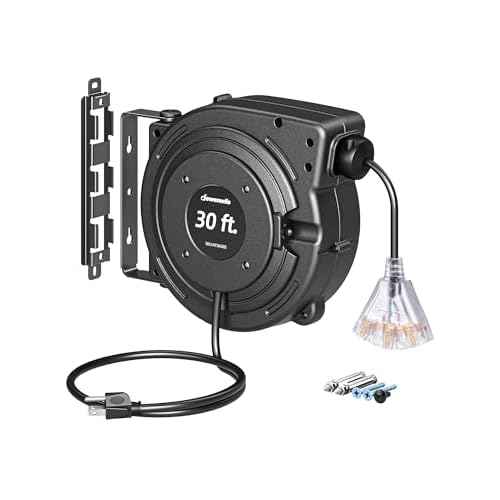 DEWENWILS 30FT Retractable Extension Cord Reel, 16/3C SJTW Heavy Duty Power Cord, Lighted Triple Outlets, 10A Circuit Breaker, Lightweight 180¡Æ Swivel Bracket, Ceiling/Wall Mount, ETL Listed, Black