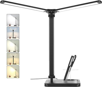 Woputne LED Desk Lamp with Dual Heads, 5 Color Modes & 10 Brightness Levels, Adjustable Reading Light for Home Office, Bedroom, Study, Craft (Black, Includes Adapter)