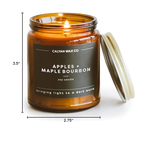 Calyan Wax Co. Soy Wax Candle, Apples + Maple Bourbon Scented Candle, 57 Hour Burn Time, Aromatherapy Soy Candles, Non Toxic & Vegan Soy Wax, Amber Glass Jar Scented Candles, 7.2oz