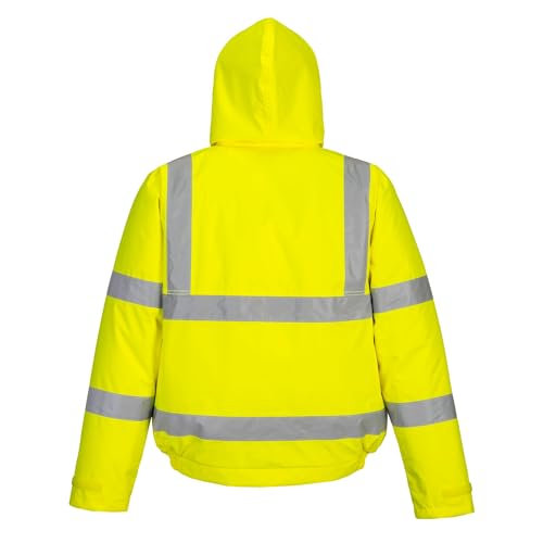 Portwest S463 Men's Hi-Vis Winter Bomber Jacket Waterproof Safety Cold Protection EN342 Certified Reflective Tape Texpel Eco Fabric Multiple Pockets Pack Away Hood, Yellow, L