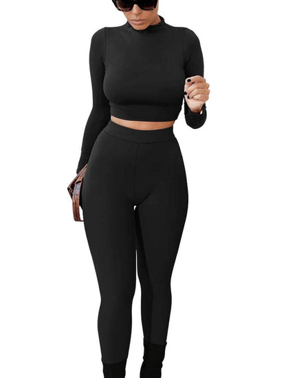 GOKATOSAU Women's Sexy 2 Piece Outfits Long Sleeve Crop Top Pants Set Club Jumpsuits Black