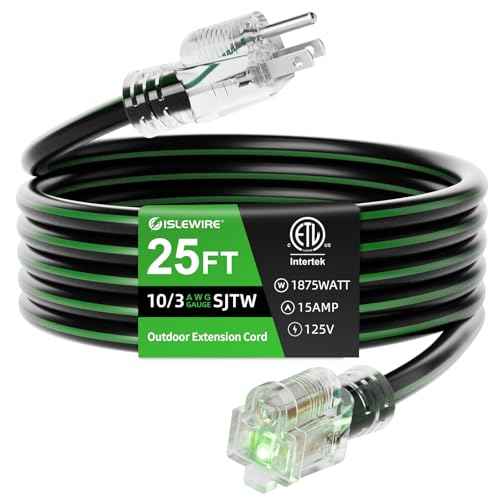 25FT 10/3 Outdoor Extension Cord, 10 AWG Ultra Heavy Duty 3-Prong SJTW, Waterproof, Flexible Cold-Resistant, Indoor/Outdoor, LED Lighted End, 15 Amp 1875W, Black & Green, ETL Listed
