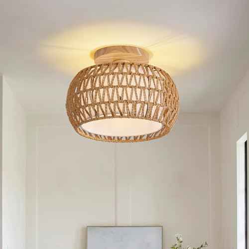Rattan Ceiling Light Fixture£¬3 Style Options Boho Flush Mount Ceiling Lights, Hand-Woven Rattan Chandelier,Mini Bohemian Wicker Light Fixtures, Farmhouse Light Fixture for Bedroom Hallway Entryway