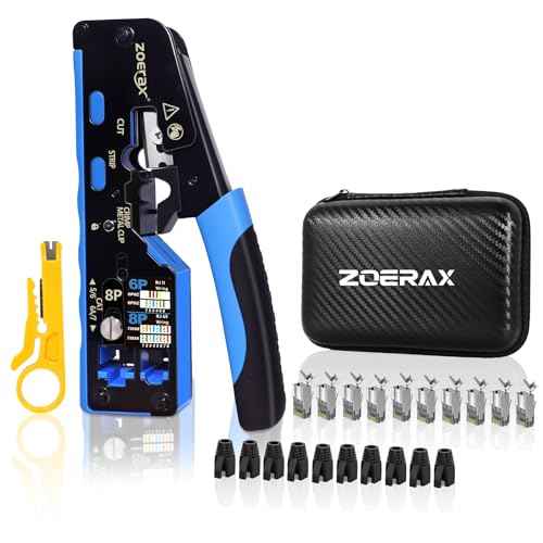 All-in-One Ethernet Crimping Tool Kit with Wire Stripper, 10xCAT7 RJ45 Pass Through Connector & 10xBoots, Storage Case Ideal for DIY/Network Installations