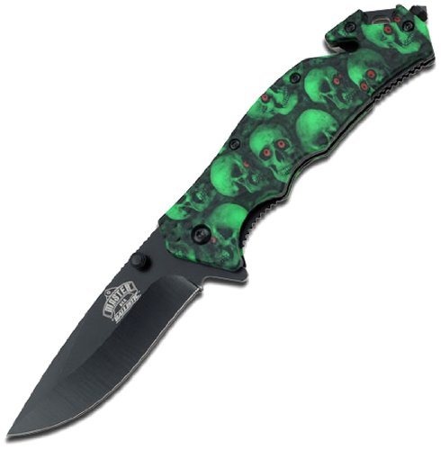 Master USA – Spring Assisted Folding Knife – Black Stainless Steel Blade, Green Skull Camo Coated Nylon Fiber Handle w/ Rope Cutter, Glass Punch, Pocket Clip, Tactical, EDC, Self Defense- MU-A001GNSC