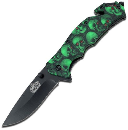 Master USA – Spring Assisted Folding Knife – Black Stainless Steel Blade, Green Skull Camo Coated Nylon Fiber Handle w/ Rope Cutter, Glass Punch, Pocket Clip, Tactical, EDC, Self Defense- MU-A001GNSC