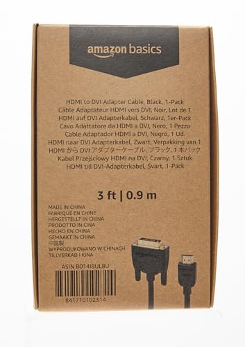 Amazon Basics HDMI-A to DVI (Male) Adapter Cable, Bi-Directional 1080P, Gold-Plated, 3 ft/0.9 m, Single Pack, Black