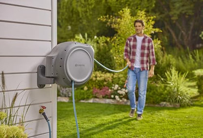 GARDENA 20505, 100' Retractable Garden Hose Reel with US Hose Threads - 100' x 1/2" hose, Automatic Retraction & Length Lock for Easy Watering. Heavy Duty Swivel Bracket 180°, Includes Nozzle.